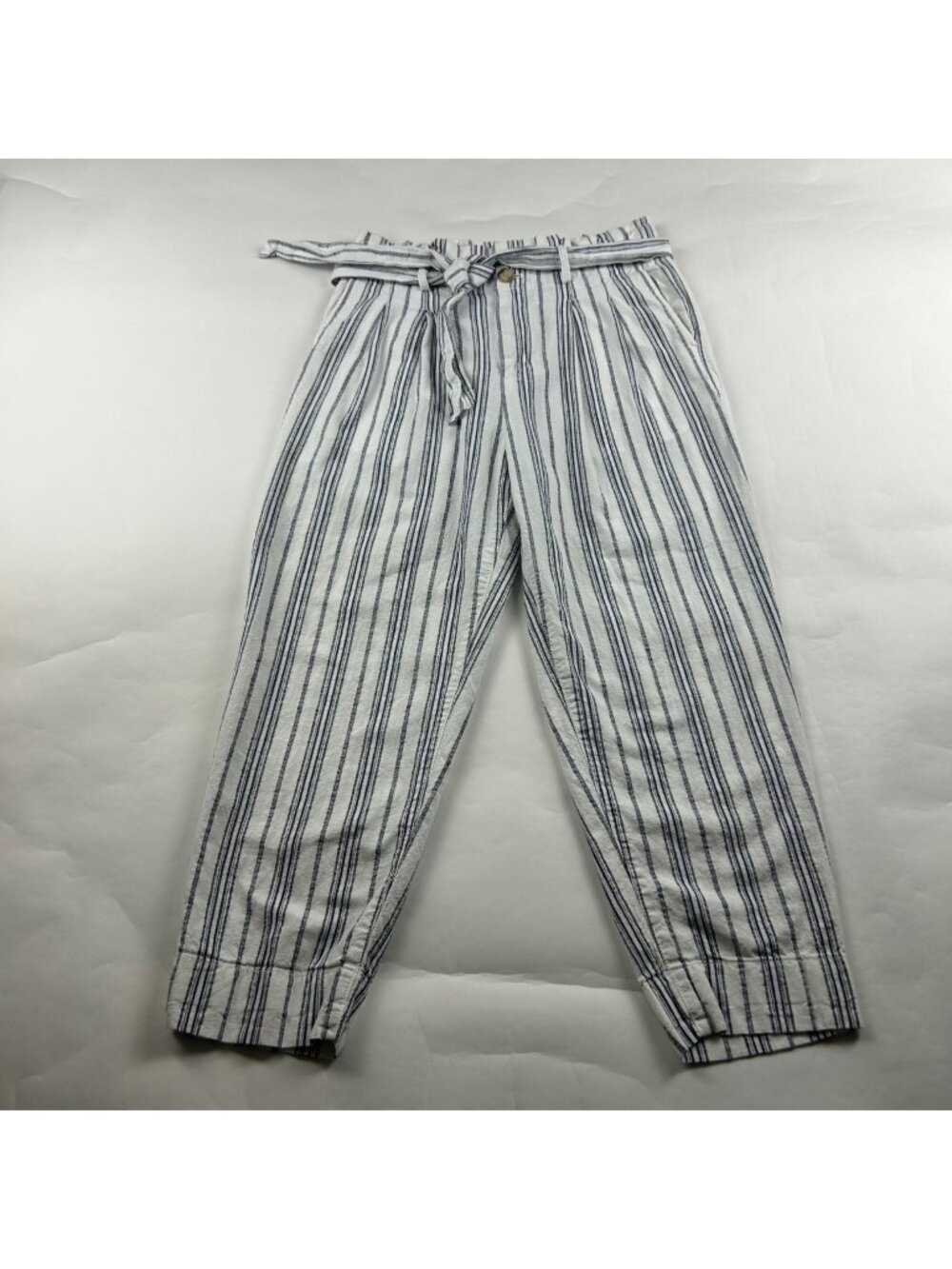 Madewell White Blue Stripe Linen High Rise Belted Ankle Pant 6